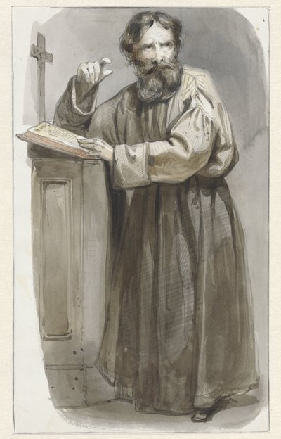 Stehender Geistlicher bei einem Katheder mit Kruzifix und Bibel von Pieter Marinus van de Laar (attributed to)