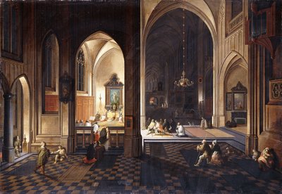 Eine Kirche bei Nacht mit einem Priester, der in einer Seitenkapelle die Messe feiert von Pieter Neeffs
