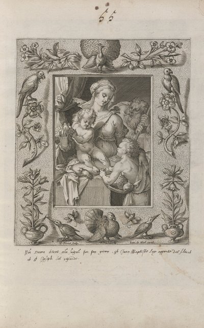 Heilige Familie mit dem jungen Johannes dem Täufer, in einem aufwendigen Rahmen von Pieter Perret
