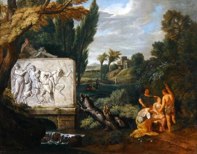 Eine klassische Landschaft mit tanzenden Mädchen bei einem Sarkophag, der den Triumph des Silenus darstellt von Pieter Rysbrack