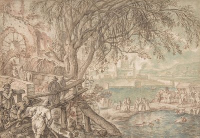 Jäger und Gesellschaft beobachten Hunde, die Enten in einem Teich apportieren (April) von Pieter Stevens