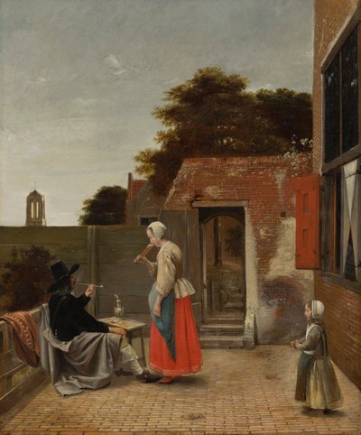 Ein Mann raucht und eine Frau trinkt in einem Hof, um 1658-60 von Pieter de Hooch