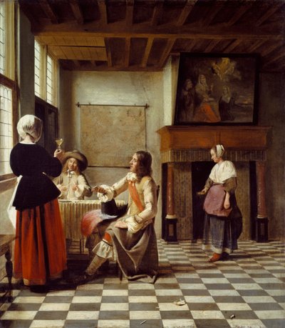 Ein Innenraum, mit einer Frau, die mit zwei Männern trinkt, und einer Dienstmagd von Pieter de Hooch