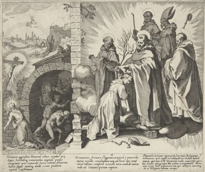 Katharina betend / Vision von Katharina / Katharina wird Dominikanerin (Scènes uit het leven en wonderen van de Heilige Catharina van Siena) von Pieter de Jode (I)
