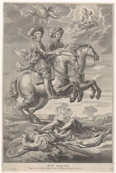 Ferdinand von Österreich mit Ferdinand, König von Böhmen und Ungarn, zu Pferd bei der Schlacht von Nördlingen von Pieter de Jode (II)
