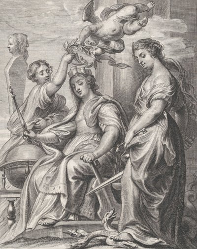 Allegorie der guten Regierung, in der Mitte sitzend und von einem Putto und einer Frau gekrönt, ca. 1640-74 von Pieter de Jode II