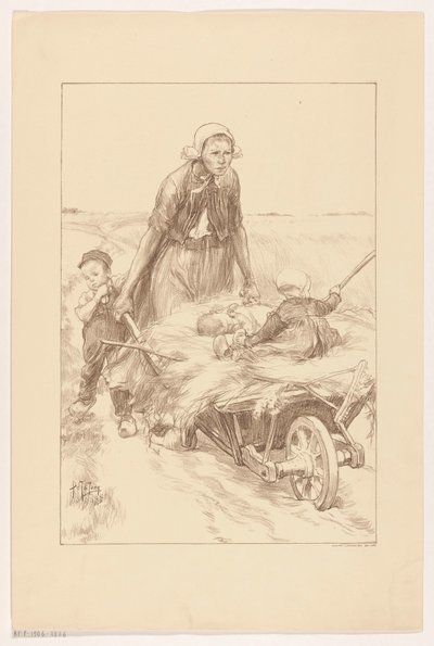 Bäuerin, die eine Schubkarre mit Heu und zwei Kindern schiebt von Pieter de Josselin