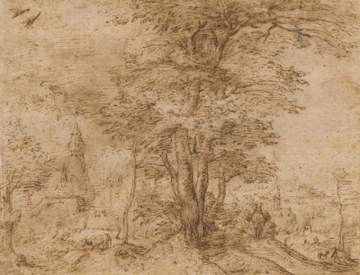 Ein Dorf mit einer Baumgruppe und einem Maultier, ca. 1552-54 von Pieter Bruegel the Elder