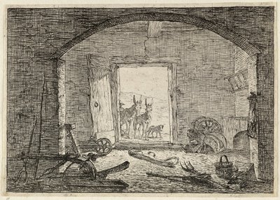 Esel vor der Tür eines Stalls von Pieter van Laer