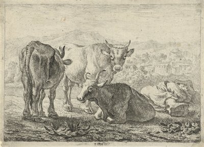 Drei Rinder und ein schlafender Hirte von Pieter van Laer