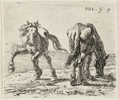 Zwei Pferde auf einer Weide von Pieter van Laer