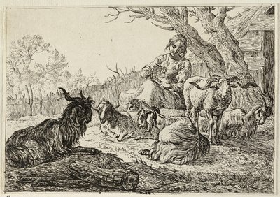 Hirtin unter Ziegen und Schafen von Pieter van Laer