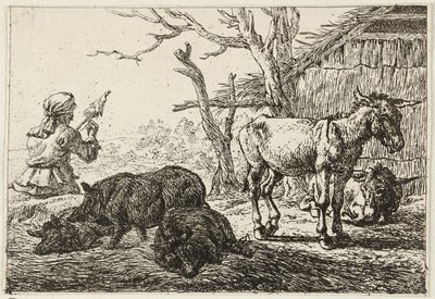 Schweine und Esel in einem Stall, links eine Spinnerin von Pieter van Laer