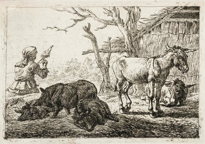 Schweine und Esel in einem Stall, links eine Spinnerin von Pieter van Laer