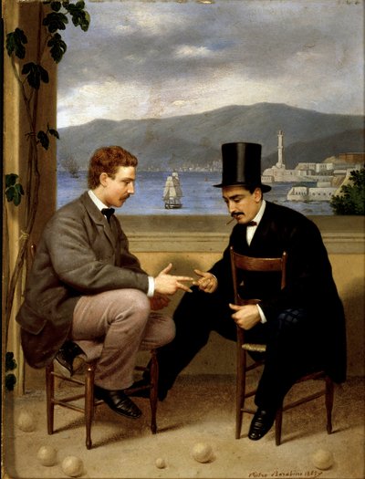 Zwei Spieler beim Würfelspiel „morra“, ein Mann im Anzug mit Zylinder und Zigarre sitzt rittlings auf dem Stuhl. Gemälde von Pietro Barabino (1822-1869) 1865 Dim. 25,5x19,5 cm Genua, Galleria d