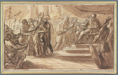 Ein Bischof wird gefesselt vor einen römischen Imperator gebracht von Pietro Bianchi