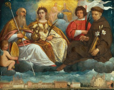 Heiliger Prosdocimus, Justina, Daniel und Antonius von Padua in Herrlichkeit mit Blick auf den Prato Della Valle, Padua von Pietro Damini