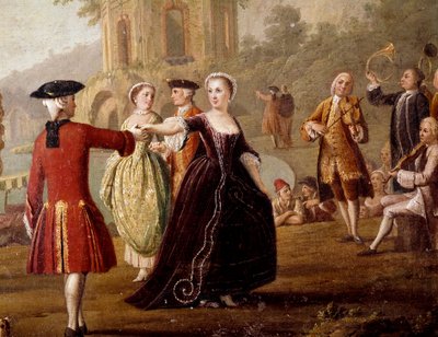 Adliger Tanz und Festszene in Neapel. Tänzer in einem Park. Gemälde von Pietro Fabris, 18. Jahrhundert. Neapel, Museo Nazionale di San Martino von Pietro Fabris