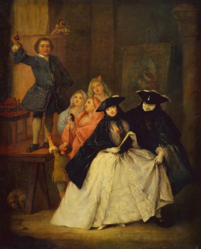 Ein Scharlatan auf einer Plattform mit maskierten Figuren im Vordergrund von Pietro Longhi
