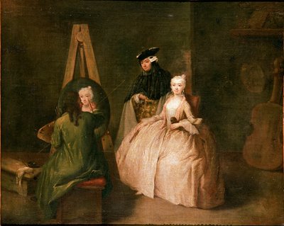 Das Atelier des Malers. Der Maler vor seiner Staffelei porträtiert eine junge Frau. Gemälde von Pietro Longhi (1702-1785) 1740-1745 von Pietro Longhi