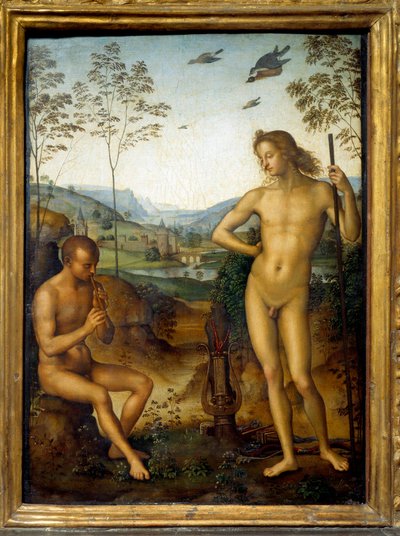 Apollo und Marsyas (Marsyas spielt Flöte vor Apollo) von Pietro Perugino