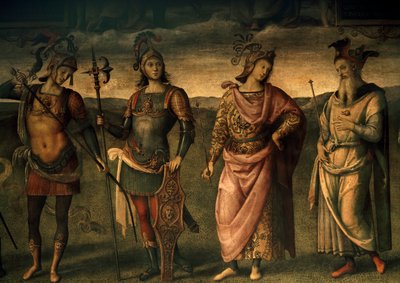 Leonidas von Sparta, Horatius Cocles, Publius Scipio, Perikles von Athen, Allegorien der Tapferkeit und Mäßigung mit sechs antiken Helden von Pietro Perugino