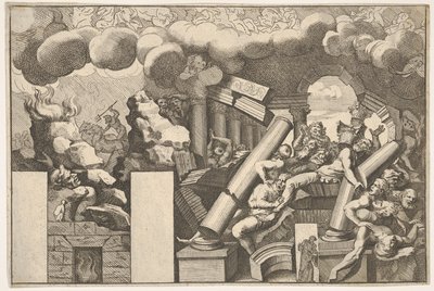 Riesen, die von Felsen und den herabfallenden Säulen des Tempels zerquetscht werden, Rauchwolken darüber von Pietro Santi Bartoli
