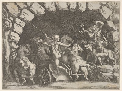 Pluto, von hinten gesehen, betritt die Unterwelt auf seinem Streitwagen, Cerberus und drei Furien..., ca. 1680 von Pietro Santi Bartoli