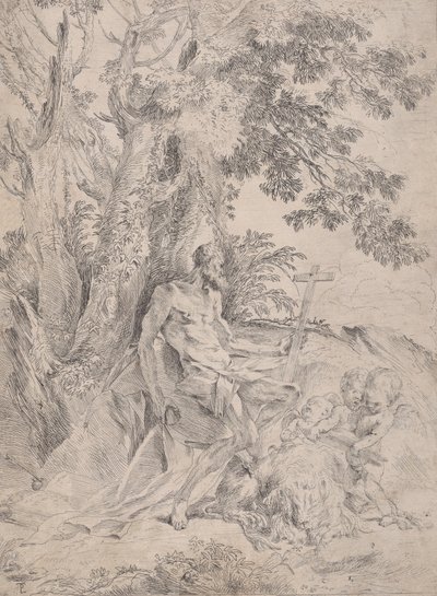 Heiliger Hieronymus vor einem Kruzifix, begleitet von einem Löwen und drei Putti, ca. 1631-1637 von Pietro Testa