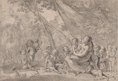 Der Garten der Nächstenliebe, Frau, die Nächstenliebe darstellt, rechts umgeben von Kindern, ca. 1631-37 von Pietro Testa