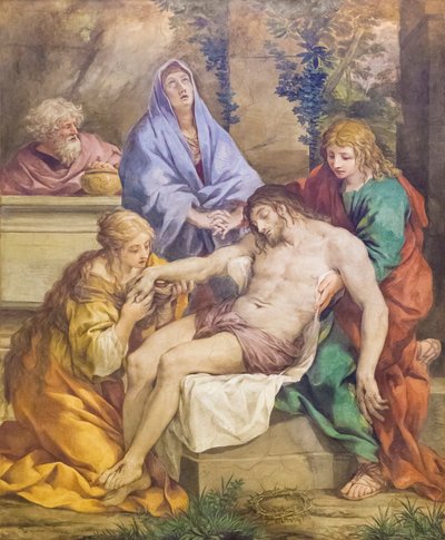 Pieta mit der Madonna, Johannes dem Täufer, Maria Magdalena und Nikodemus (Fresko) von Pietro da (1596 1669) Cortona