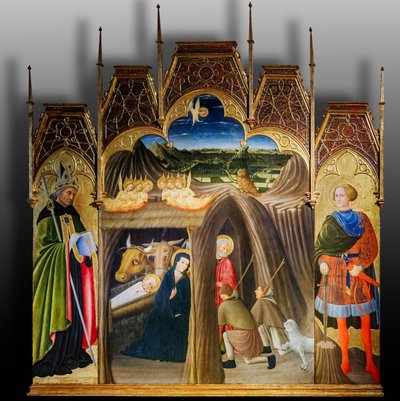 Anbetung der Hirten zwischen den Heiligen Galgano und Augustinus, erste Hälfte des 15. Jahrhunderts von Pietro di Giovanni da Ambrogio