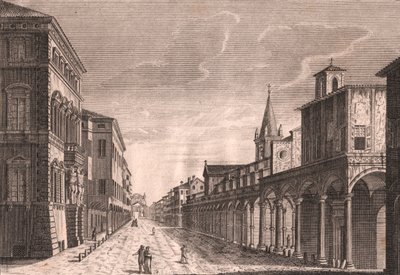 Ansicht der Strada Maggiore in Bologna, Emilia-Romagna, Italien, Kupferstich von C Lambertini nach einer Zeichnung von Pio Panfili, ca. 13,5x19 cm von Pio Panfili
