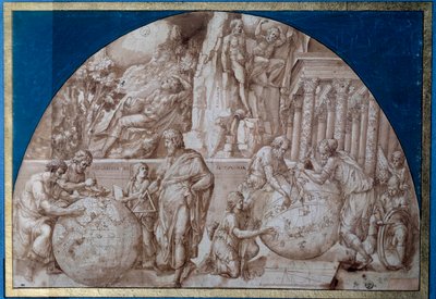Astronomie-Allegorie. Wissenschaftler nehmen Messungen an Erdgloben vor. Zeichnung mit brauner Tinte von Pirro Ligorio (ca. 1500-1583) 16. Jahrhundert Paris, Louvre Museum von Pirro Ligorio