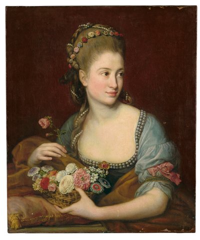 Porträt einer Dame als Flora, halblang, mit einem Weidenkorb voller Blumen von Pompeo Girolamo Batoni