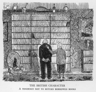 Der britische Charakter, Tendenz, geliehene Bücher nicht zurückzugeben (Lithografie) von Pont