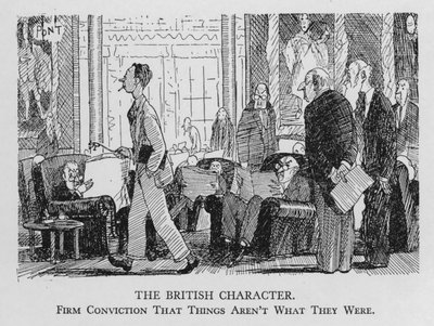 Der britische Charakter; Feste Überzeugung, dass die Dinge nicht mehr so sind wie früher (Lithographie) von Pont