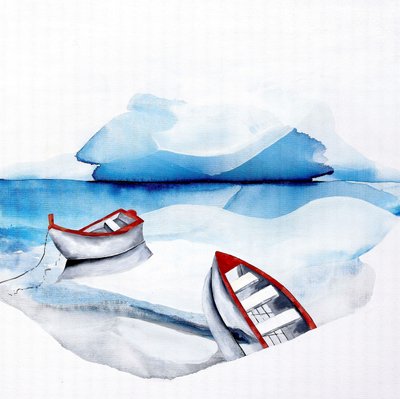 Rote Boote blauer See von Poonam Choudhary