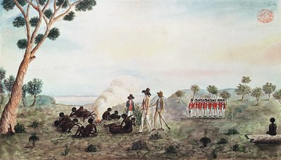 Mr. White, Harris und Laing mit einer Gruppe von Soldaten besuchen Botany Bay Colebee an diesem Ort, als er in der Nähe von Botany Bay verwundet wurde, ca. 1790 von Port Jackson Painter
