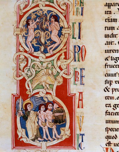 Adam und Eva nahe dem Baum der Erkenntnis, darunter werden sie aus dem Paradies vertrieben. Miniatur aus „Das Alte Testament“ aus dem Kloster Santa Cruz in Coimbra, Portugal. 12. Jahrhundert, Porto, Stadtbibliothek von Portuguese School