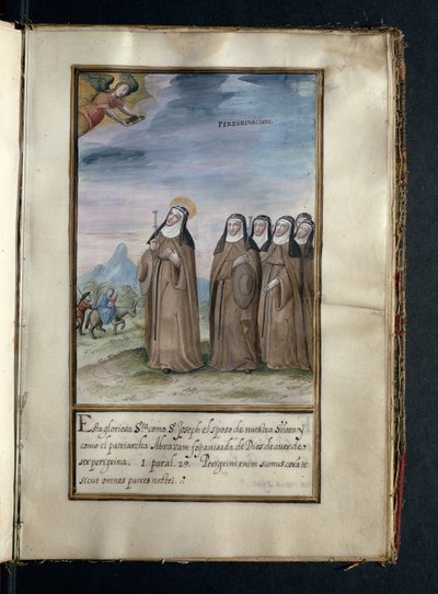 Pilgerreise, aus einer Geschichte der Wanderungen der Syon-Nonnen, zusammengestellt in Lissabon im frühen 17. Jahrhundert von Portuguese School
