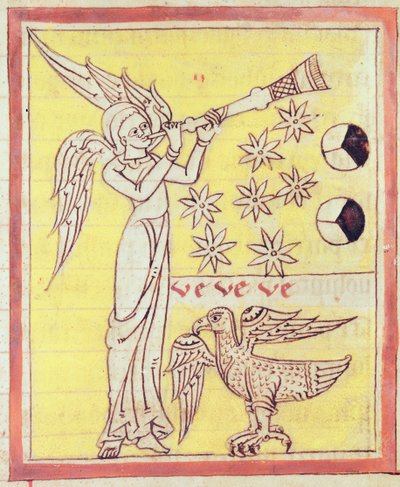 Der Engel, der die Trompete bläst, die sieben Sterne und der Adler des St. Johannes des Evangelisten, aus der Apokalypse des St. Jean de Lorvao von Portuguese School