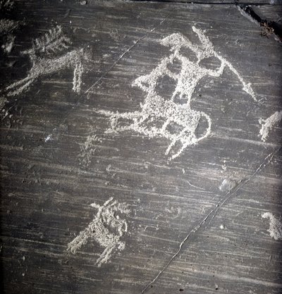 Kultur der Camunni, Vorgeschichte, Felskunst: Grabfelsen, die Jäger und Hirsche darstellen. Rocher de Naquane, in Valcamonica (Val Camonica) von Prehistoric Prehistoric