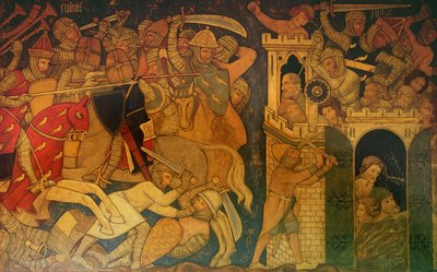 Schlacht zwischen Judas Makkabäus und Timotheus und der Fall von Maspha, Rekonstruktion eines Wandgemäldes ursprünglich in der Painted Chamber des Palace of Westminster von Professor Ernest Tristram
