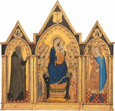 Madonna mit Kind auf dem Thron mit vier Heiligen und achtzehn Engeln [Mittelteil] von Puccio di Simone and Allegretto Nuzi