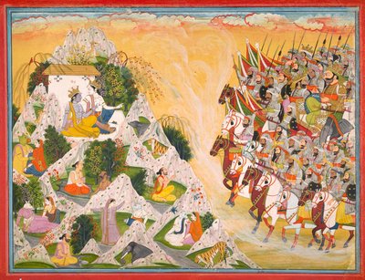 Jarasandhas Armee rückt auf Krishna und Balarama vor, Folio aus einem Mahabharata, ca. 1800-1815 von Purkhu of Kangra