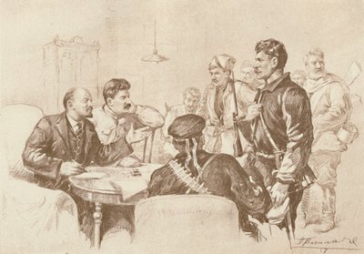 Lenin und Stalin sprechen zu den Rotgardisten im Smolny, 1917, 1939 von Pyotr Vasilyev