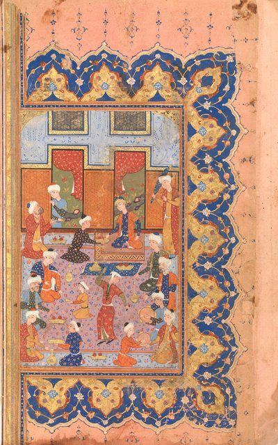 Eine Szene der Geselligkeit am Hof, Folio aus einem Divan Gesammelte Werke von Mir 