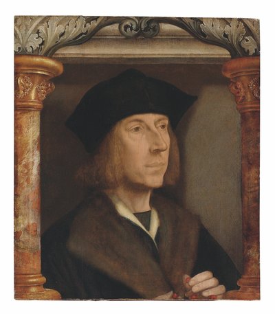 Porträt eines Herrn, Brustbild, in einem pelzgefütterten Mantel, der einen Rosenkranz betet, in einer architektonischen Umgebung von Quentin Massys or Metsys
