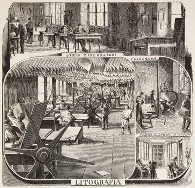 Fratelli Treves Verlag: Zeichnerstudie, Tischlerei, Reinigung von Lithografiesteinen, Lithografie, Mailand, Italien, Gravur nach einer Zeichnung von Quinto Cenni, aus L
